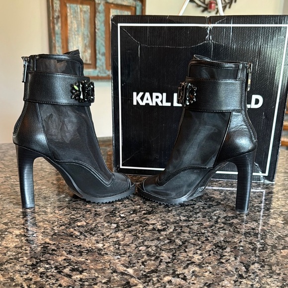 Karl Lagerfeld Black mesh Heeled Boots with Peep-Toe Design NWT 5.5 - Picture 8 of 16